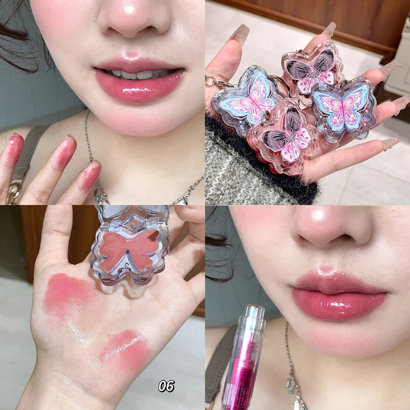 women displaying kawaii butterfly lip gloss shade 06 on her lips