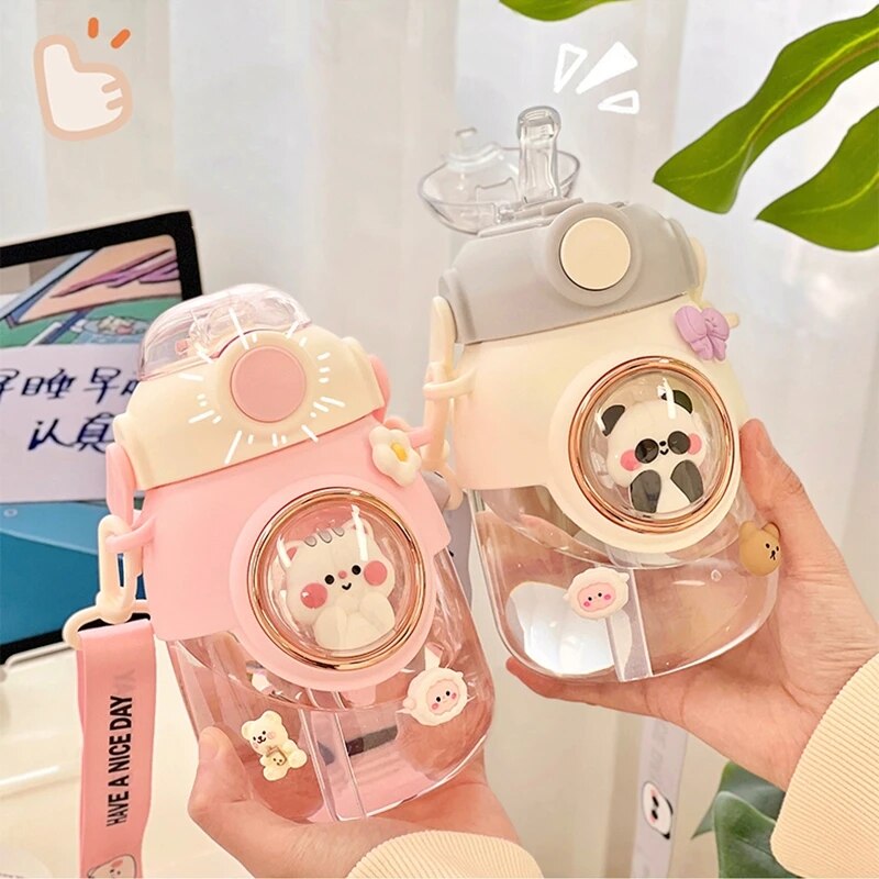 Kawaii Animal Water Bottles With Lid and Straw