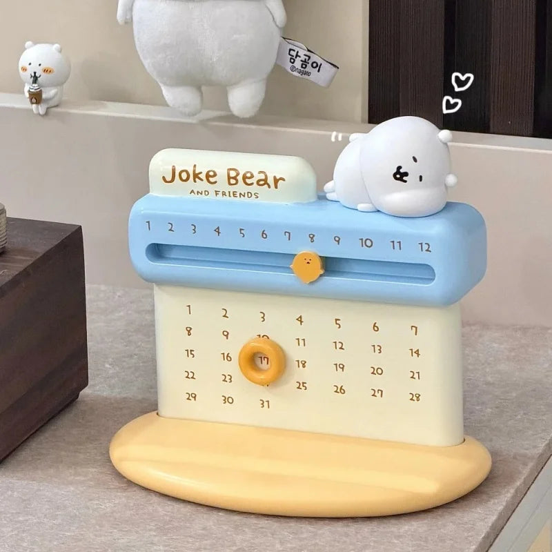 Calendar with a cartoon bear design on a wooden surface
