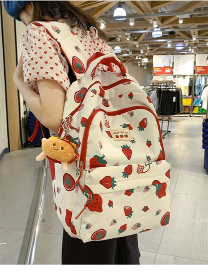 White and Red Strawberry Print Backpack