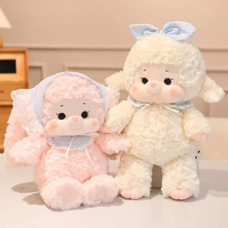 Pastel Kawaii Bunny and Lamb Plushies on a bed 