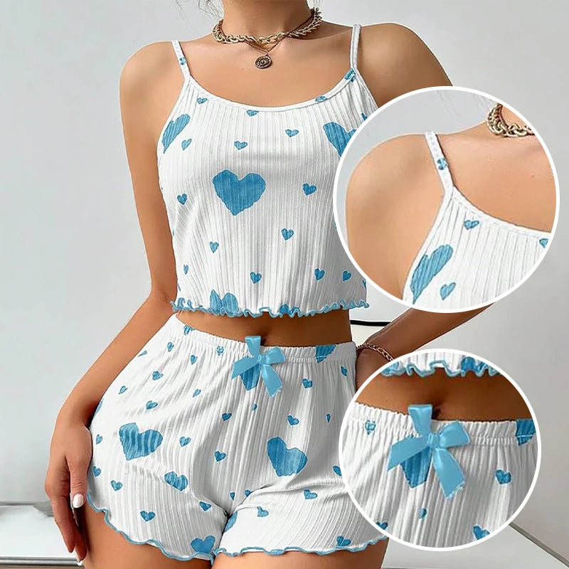 Kawaii Sweet Heart Pajama Top & Shorts set blue front view 