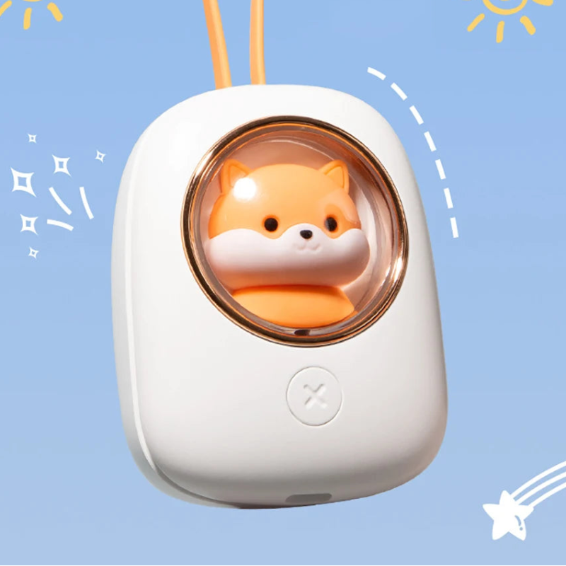 White electronic cooling device with a shiba inu-shaped light on a blue background