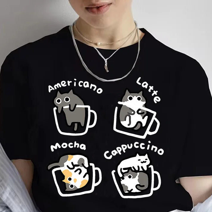 Kawaii Coffee & Cats T-Shirt front view Black 
