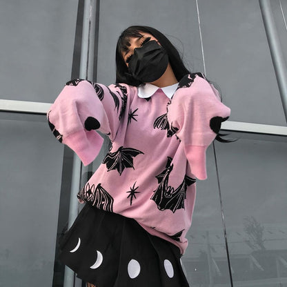 Kawaii Pink Goth Bat Print Sweater