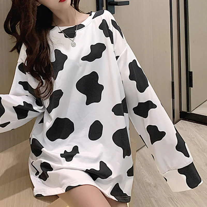 long sleeve cow print dress Kawaii Long Sleeve Loose Cow Print Top – Kore Kawaii