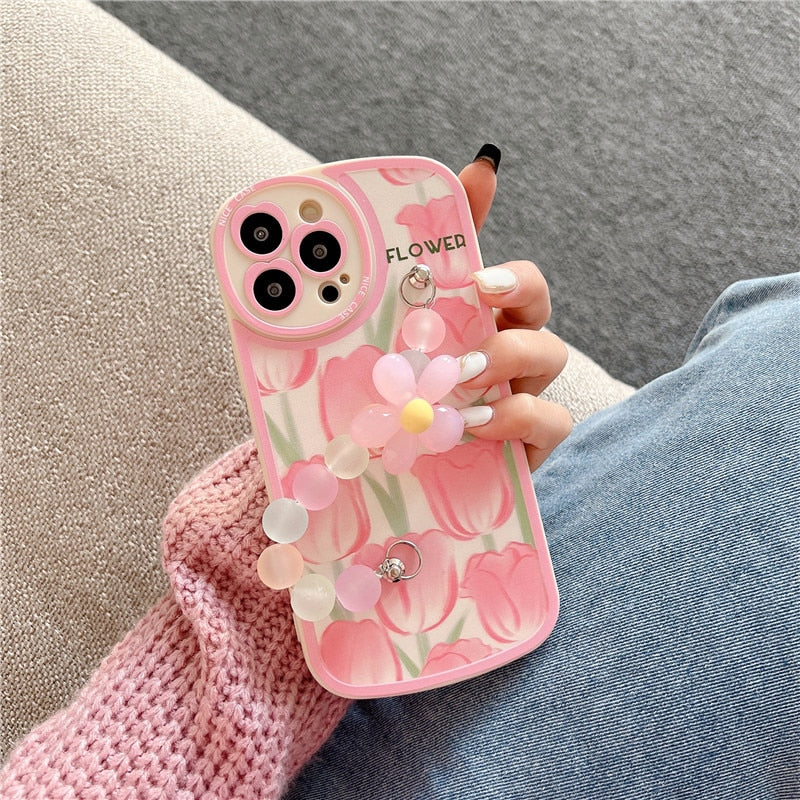 Kawaii Pink Flowers & Chain Soft iPhone Case