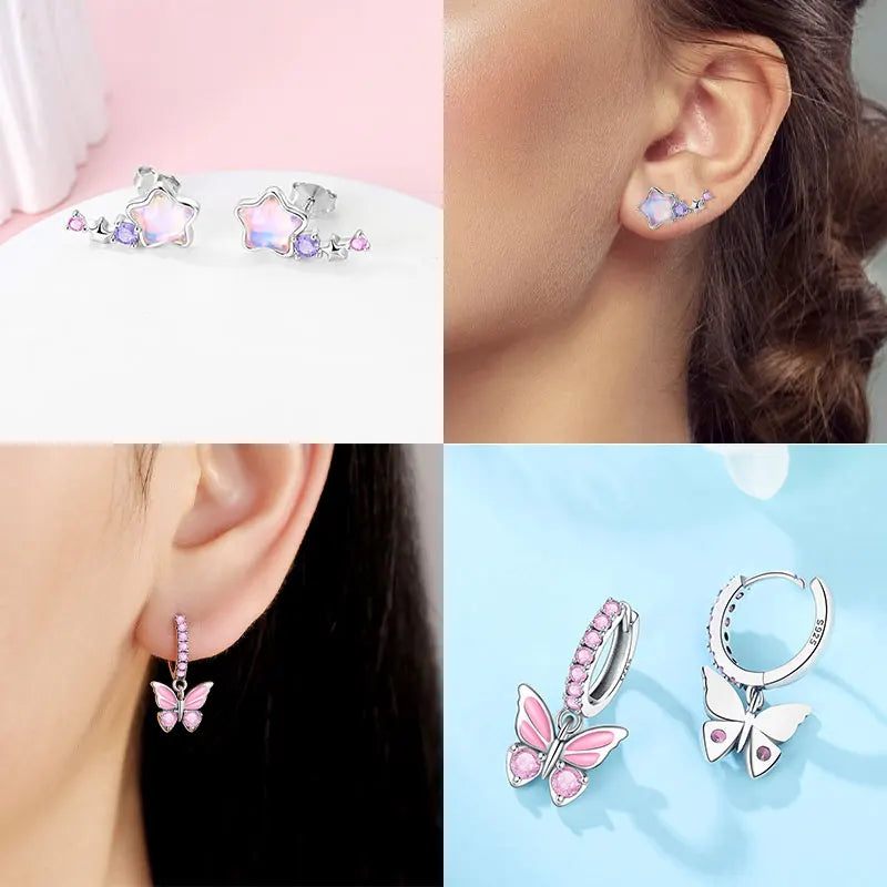 Butterfly-shaped earrings displayed on a person wearing them, with close-up views of the earrings.