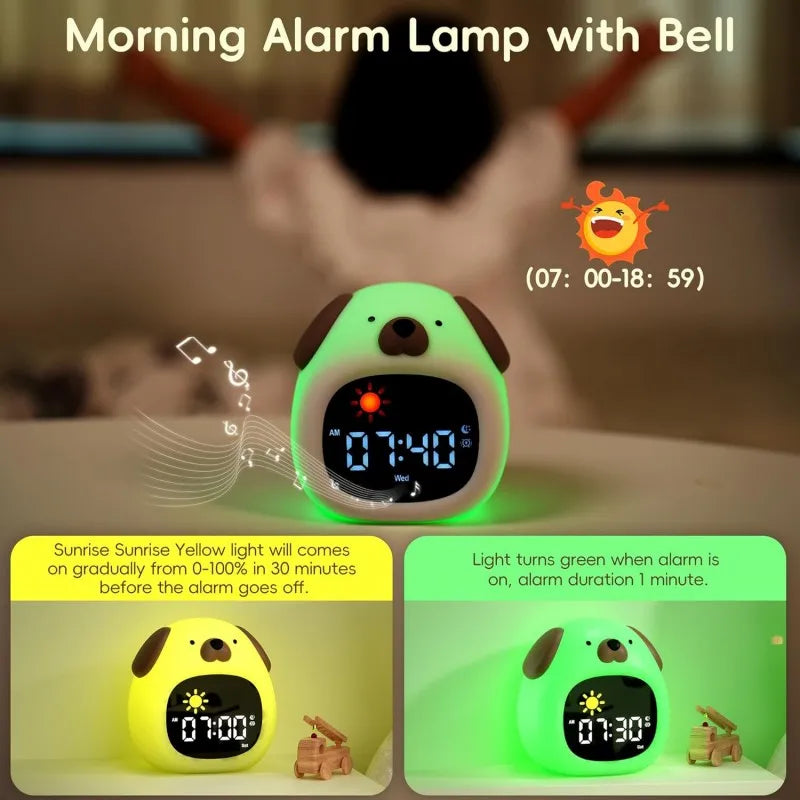 Front view of Kawaii Cute Puppy Night Light Alarm Clock in yellow and green colors showcasing morning alarm lamp with a bell 