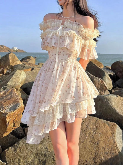 Sweet Floral Off-Shoulder Dress in White