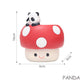 Cute panda figurine on a red mushroom with measurements.