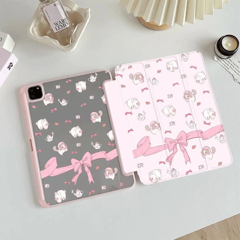 iPad case with cute animal and bow pattern on a light surface.