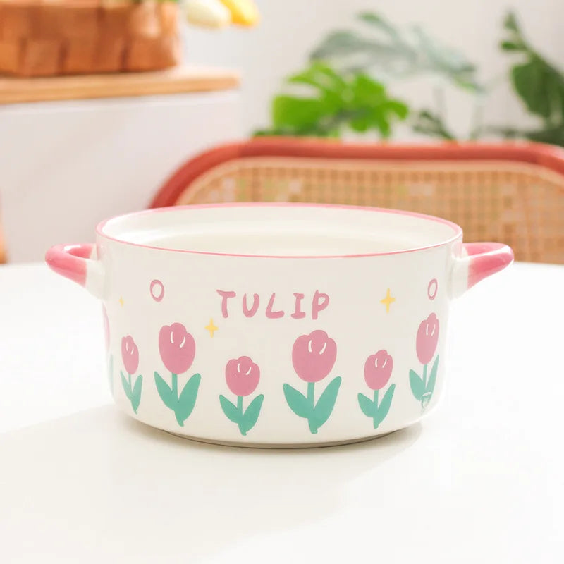 Kawaii pink Flower Ramen Bowl sitting on countertop