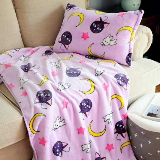 Kawaii Moon Bunny Flannel Blanket & Pillowcase