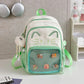 green neko backpack displayed by a white wall