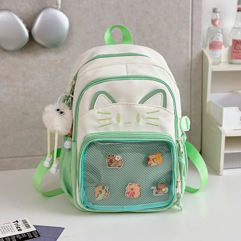 green neko backpack displayed by a white wall