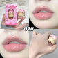 Collage of a pink lip gloss packaging, application on lips, and close-up of glossy lips.