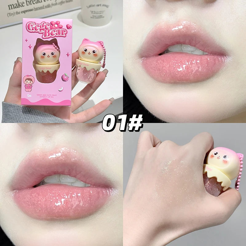 Collage of a pink lip gloss packaging, application on lips, and close-up of glossy lips.