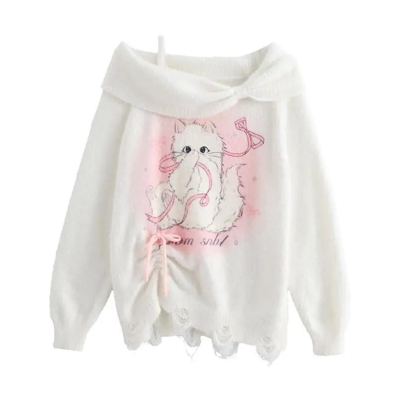 Kawaii white hoodie with a cat graphic and text on a white background