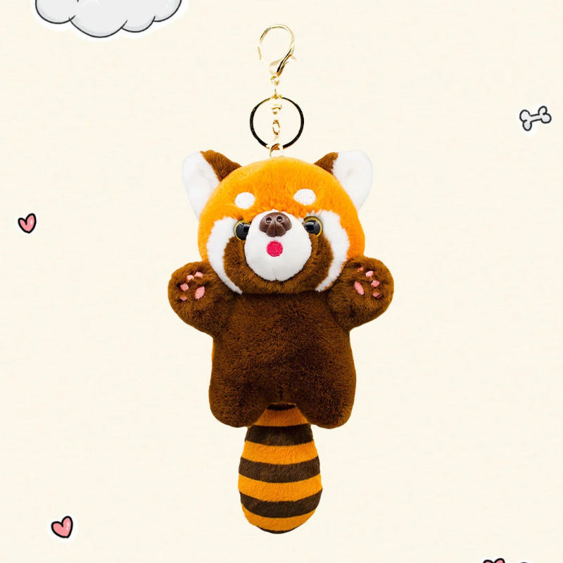 kawaii Red Panda Plushie Pendant Keychain on a white background with cartoon small hearts
