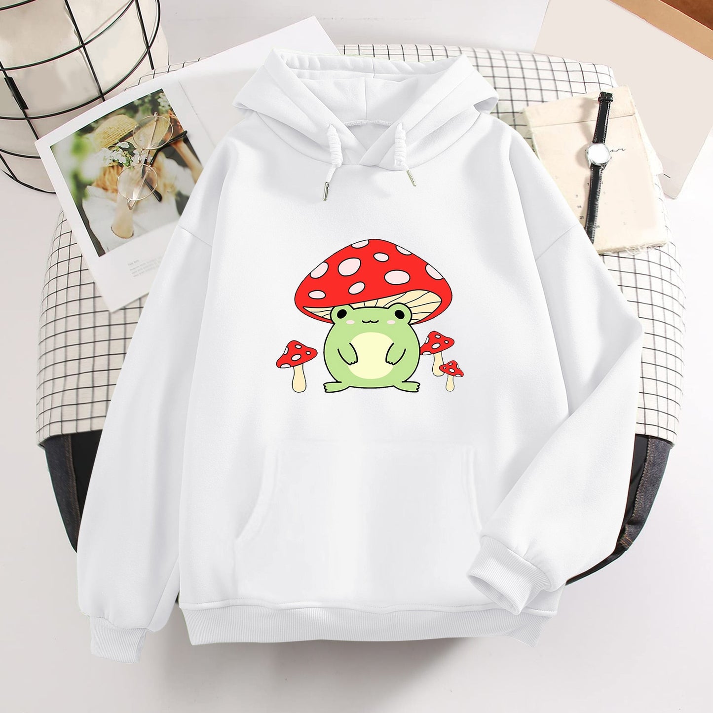 Kawaii White Mushroom Frog Hoodie