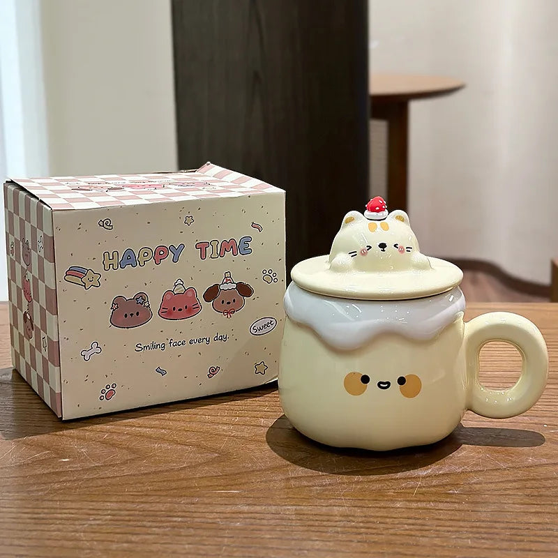 Yellow Kawaii Animal Pudding Ceramic Mug sitting on a countertop