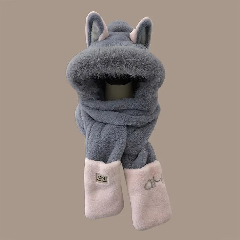 Plush gray scarf with fox ears  on a beige background