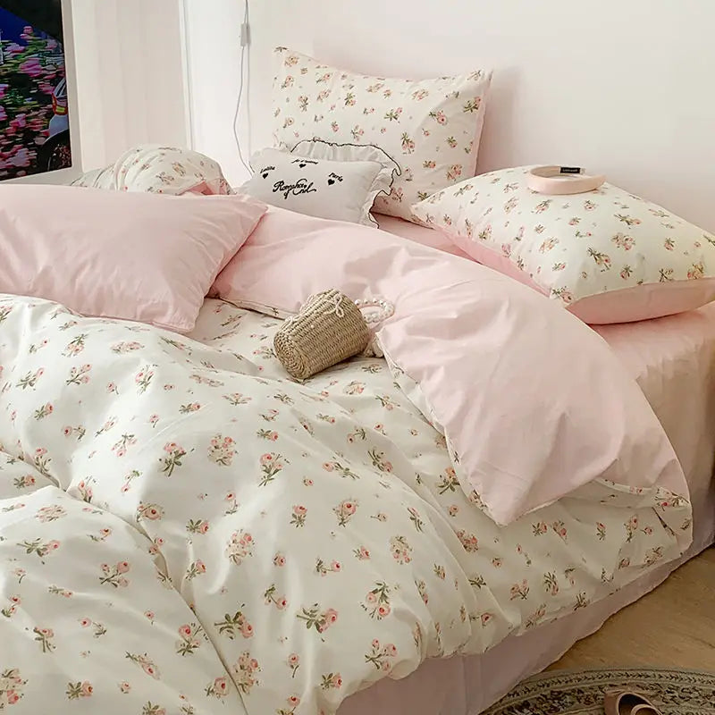 Floral patterned bedding set on a bed with pillows.
