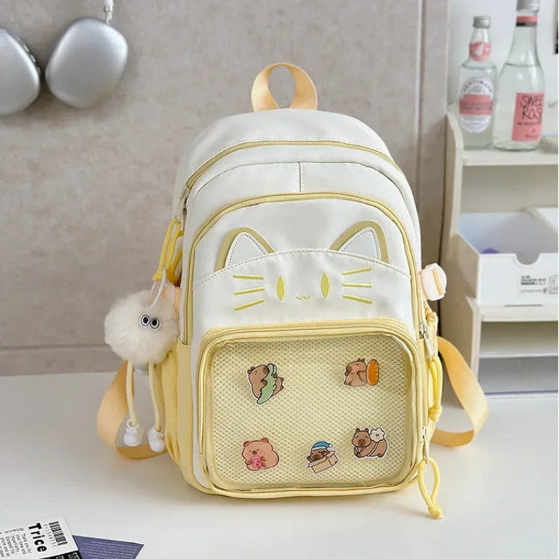 Yellow neko backpack displayed white wall