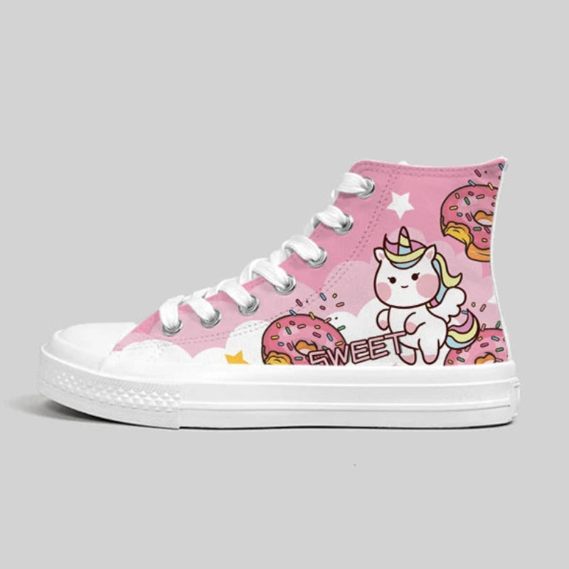 Side view of Kawaii Pink and White Unicorn Canvas Sneakers 