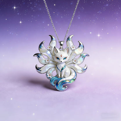 Elegant silver Kitsune pendant on a chain against a purple gradient background with 'Timeless' branding.