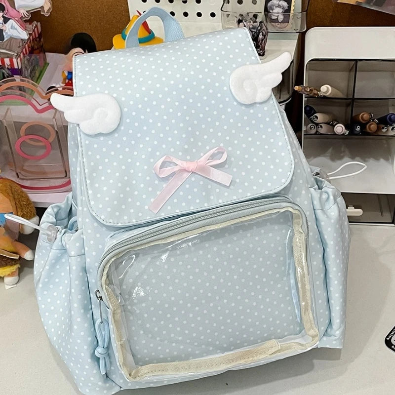 Kawaii Polka Dot Backpack front view in light blue 