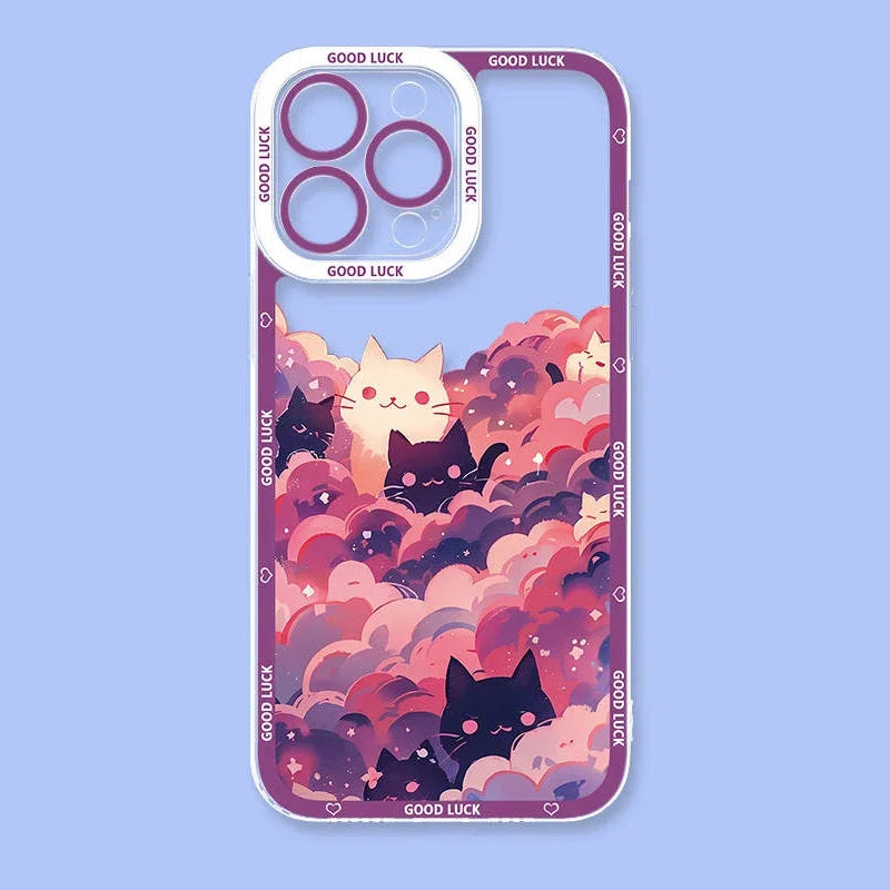 Kawaii cat phone case with pink and purple clouds