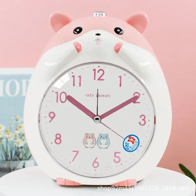 Front view of a Kawaii Cute Hamster Clock & Night Light in pink and white 