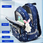Blue backpack with various pockets labeled and a plush toy inside, on a light blue background.
