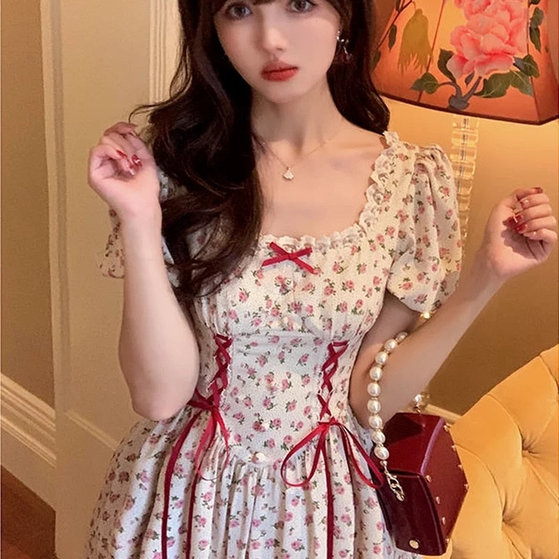 Kawaii Rose Print Lace Dress