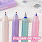 Kawaii Cat Erasable Gel Pens come in purple, pink , turquoise and cream all with different cute cats on them with different faces, this picture is showing the size of the nib at the end of the pen, this is displayed on a desk background along side notes.