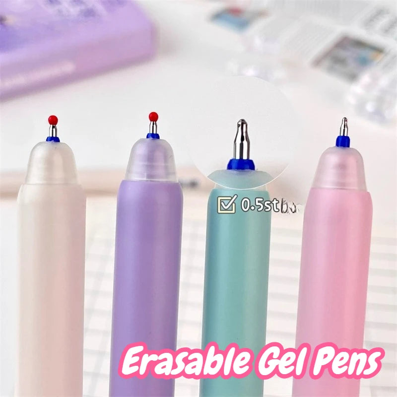 Kawaii Cat Erasable Gel Pens come in purple, pink , turquoise and cream all with different cute cats on them with different faces, this picture is showing the size of the nib at the end of the pen, this is displayed on a desk background along side notes.