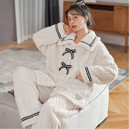 Kawaii White & Black Pajamas with woman sitting on ottoman 