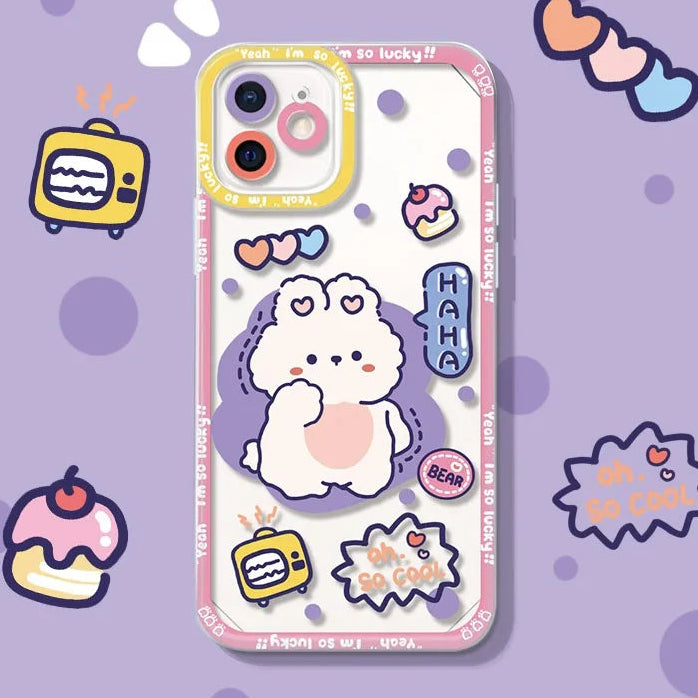 This design has a cute bunny placed in the middle of the phone case  with a purple paint splat behind, and a pink rim. 