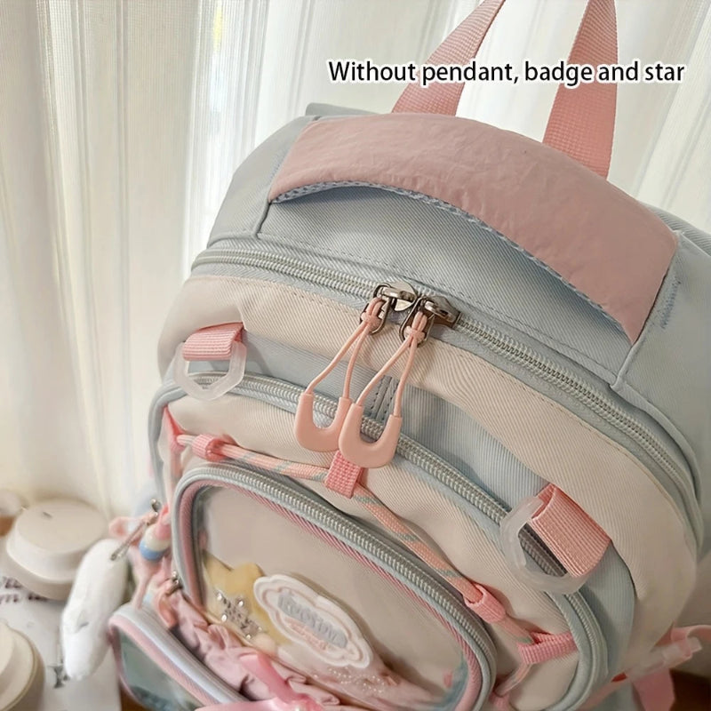 Pastel Pink Leather Backpack with Blue Strap Accents HARI II LINA - Pastel Leather Backpack – GRAFEA main image 2