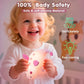Child holding a soft silicone night light with safety features highlighted.