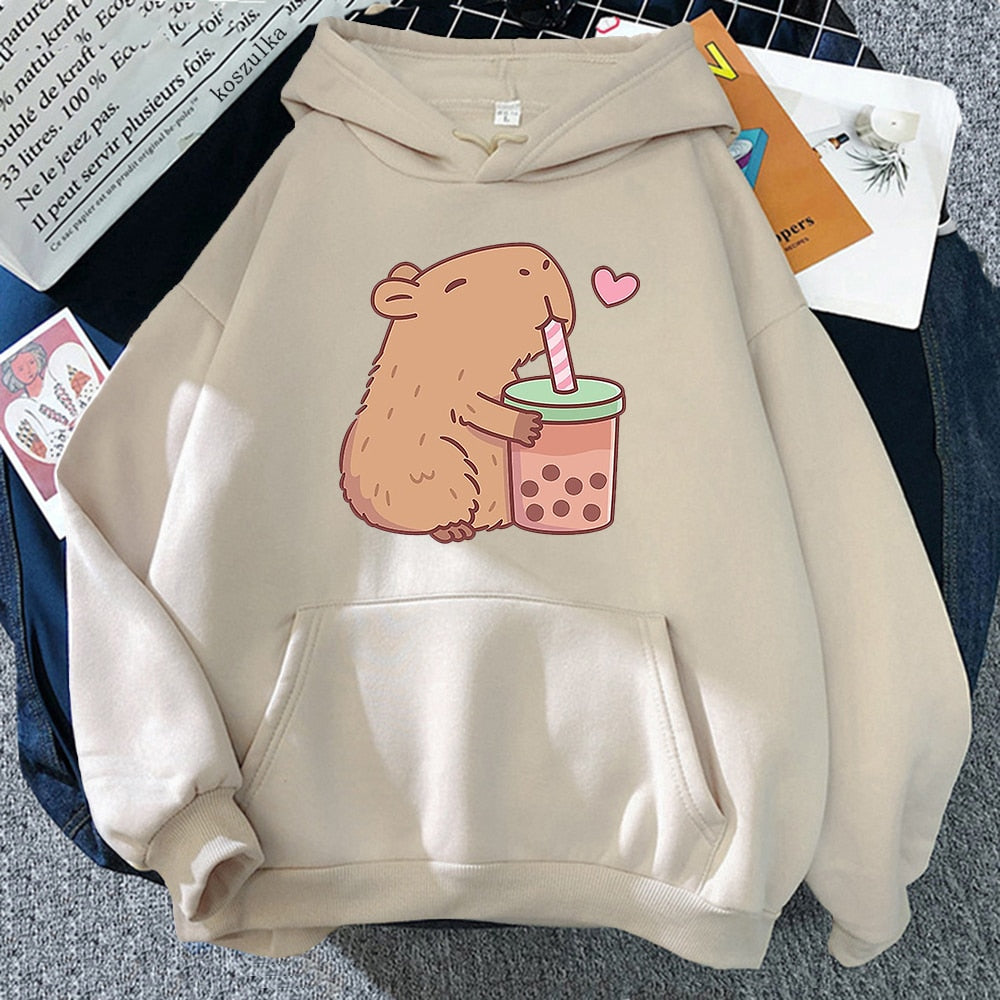 Kawaii Dark Beige Capybara Loves Boba Tea Hoodie