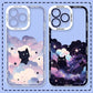 Two Kawaii phone case designs with black cats, clouds, and stars on a blue background.