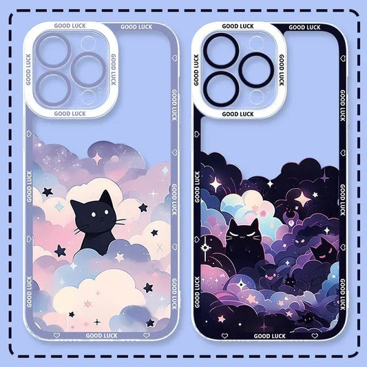 Two Kawaii phone case designs with black cats, clouds, and stars on a blue background.