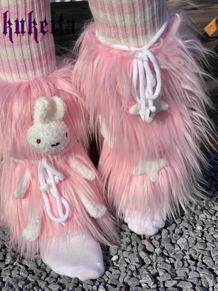 YELLO　BUNNY FAUX FUR MULES & LEG WARMERS Harajuku Furry Bunny Leg Warmers – Kore Kawaii
