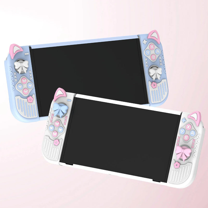 Two handheld gaming consoles with decorative cases on a pink background