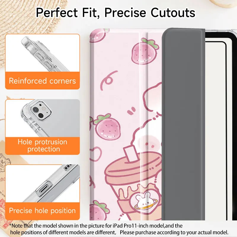 kawaii Strawberry Bunny & Coffee iPad Case, this case depicts a bunny winking while holding a coffee in its paws, with strawberries raining down, the main color is pastel pink with a white rabbit. this image is also describing the craftsmanship of the case showing precise cut outs and reinforced corners, this is displayed on a white desk top background.