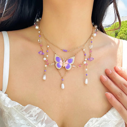 Butterfly Imitation Pearl Multi-Layer Necklace