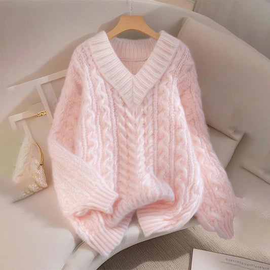 Pastel Pink Knit V-Neck Sweater